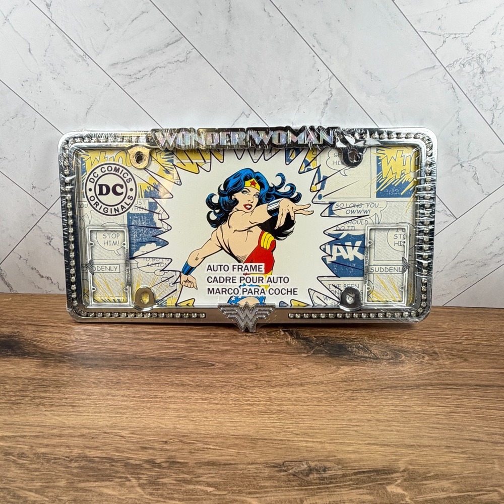 Wonder Woman Chrome Diamond Stud License Plate Frame DC Comics NEW